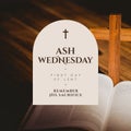 Image of ash wednesday over wooden background with cross and bible Royalty Free Stock Photo