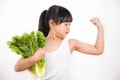 The image of an Asian girl holding Romaine lettuce large green salad for health and wellness for a white background