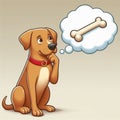 Image 1:1 aspect ratio - a cartoon illustration of a golden dog thinking about a bone in a thought cloud