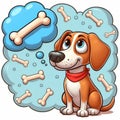 Image 1:1 aspect ratio - a cartoon illustration of a golden dog thinking about a bone in a thought cloud