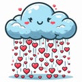 Image 1:1 aspect ratio - a cartoon illustration of a smiling storm cloud raining hearts