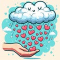 Image 1:1 aspect ratio - a cartoon illustration of a storm cloud raining hearts onto an outstretched hand