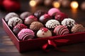 Image Assorted Valentines Day chocolates in a closeup view, wooden table