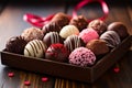 Image Assorted Valentines Day chocolates in a closeup view, wooden table