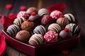 Image Assorted Valentines Day chocolates in a closeup view, wooden table