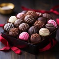 Image Assorted Valentines Day chocolates in a closeup view, wooden table