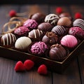 Image Assorted Valentines Day chocolates in a closeup view, wooden table