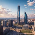 Astana, Nur-Sultan, Kazakhstan. Center of the city, skyscraper, view on Baiterek made with Generative AI