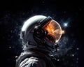 The astronauts in the helmet reflect bright stars and the galaxies projected in the sky.