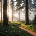 a green forest landscape with firs in the mountains.