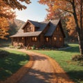 Autum forest landscape with small, cozy, rural cottage house far away. made with Generative AI