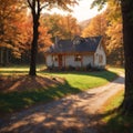 Autum forest landscape with small, cozy, rural cottage house far away. made with Generative AI