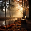 Image Autumn forest in fog, sunbeams filtering through, serene nature scene