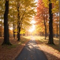 The autumn forest landscape has a gold color tree and red orange foliage. Royalty Free Stock Photo