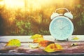 Image of autumn Time Change. Fall back concept. Dry leaves and vintage alarm Clock