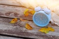 Image of autumn Time Change. Fall back concept. Dry leaves and vintage alarm Clock on wooden table outdoors at afternoon Royalty Free Stock Photo