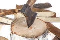 Image of axe in the stump and firewoods Royalty Free Stock Photo