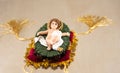 Image of baby jesus lying in nativity scene on light background