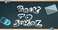 Image of back to school text over school items falling Royalty Free Stock Photo