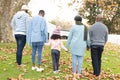 Image of back view of multi generation african american family having fun outdoors in autumn Royalty Free Stock Photo