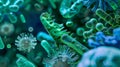 An image of bacterial aggregates in varying shades of green and blue highlighting the diverse microbial species present