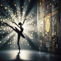 image of ballet dancer in silhouette on stage in Gustav Klimt style.