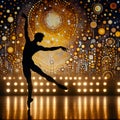 image of ballet dancer in silhouette on stage in Gustav Klimt style.