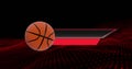 Image of basketball moving with black and red banners on undulating dark red background