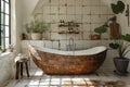 image of bathroom with a large bowl black and white with tile and tub, in the style of conrad roset, organic material