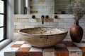 image of bathroom with a large bowl black and white with tile and tub, in the style of conrad roset, organic material