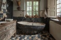 image of bathroom with a large bowl black and white with tile and tub, in the style of conrad roset, organic material