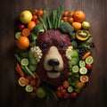 Image of bear face made with vegetables and fruits on clean background. Foods. Animals. Illustration, Generative AI Royalty Free Stock Photo