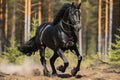 Image of a beautiful black running horse