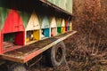 Image - Beautiful colored wooden beehives on wheels on meadow next to the forest on sunset. Colorful moving beehive apiary