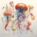 Image of beautiful colors jellyfish. Undersea animals. Generative AI, Illustration