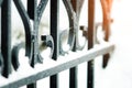 Image of a Beautiful decorative cast iron wrought iron fence with artistic forging. The metal fence is close Royalty Free Stock Photo