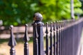 Image of a Beautiful decorative cast iron wrought fence with artistic forging. Metal guardrail close up Royalty Free Stock Photo