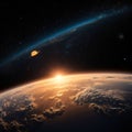Beautiful Earth . Panoramic view of the Earth, sun, star and galaxy. Sunrise over planet Earth, view from Royalty Free Stock Photo
