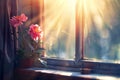 Beautiful flower on the windowsill with sun rays coming through the window. Royalty Free Stock Photo