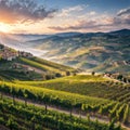 Beautiful hills and vineyards surrounding Barbaresco village in the Langhe region. Cuneo, Piedmont, Italy. made with