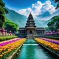 image of a beautiful Hindu temple complex with a stream and colorful flowers