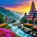 image of a beautiful Hindu temple complex with a stream and colorful flowers