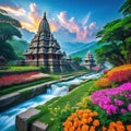 image of a beautiful Hindu temple complex with a stream and colorful flowers