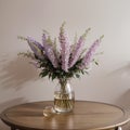 Beautiful lilac flowers on table in living room