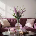 Beautiful lilac flowers on table in living room