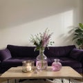 Beautiful lilac flowers on table in living room