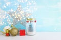 Image of beautiful mason jar with christmas tree and holiday decorations Royalty Free Stock Photo