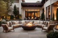 An image of a beautiful outdoor seating area, with several luxurious chairs arranged around a fire pit