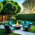 An image of a beautiful outdoor seating with several luxurious chairs arranged around a fire