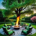 An image of a beautiful outdoor seating with several luxurious chairs arranged around a fire